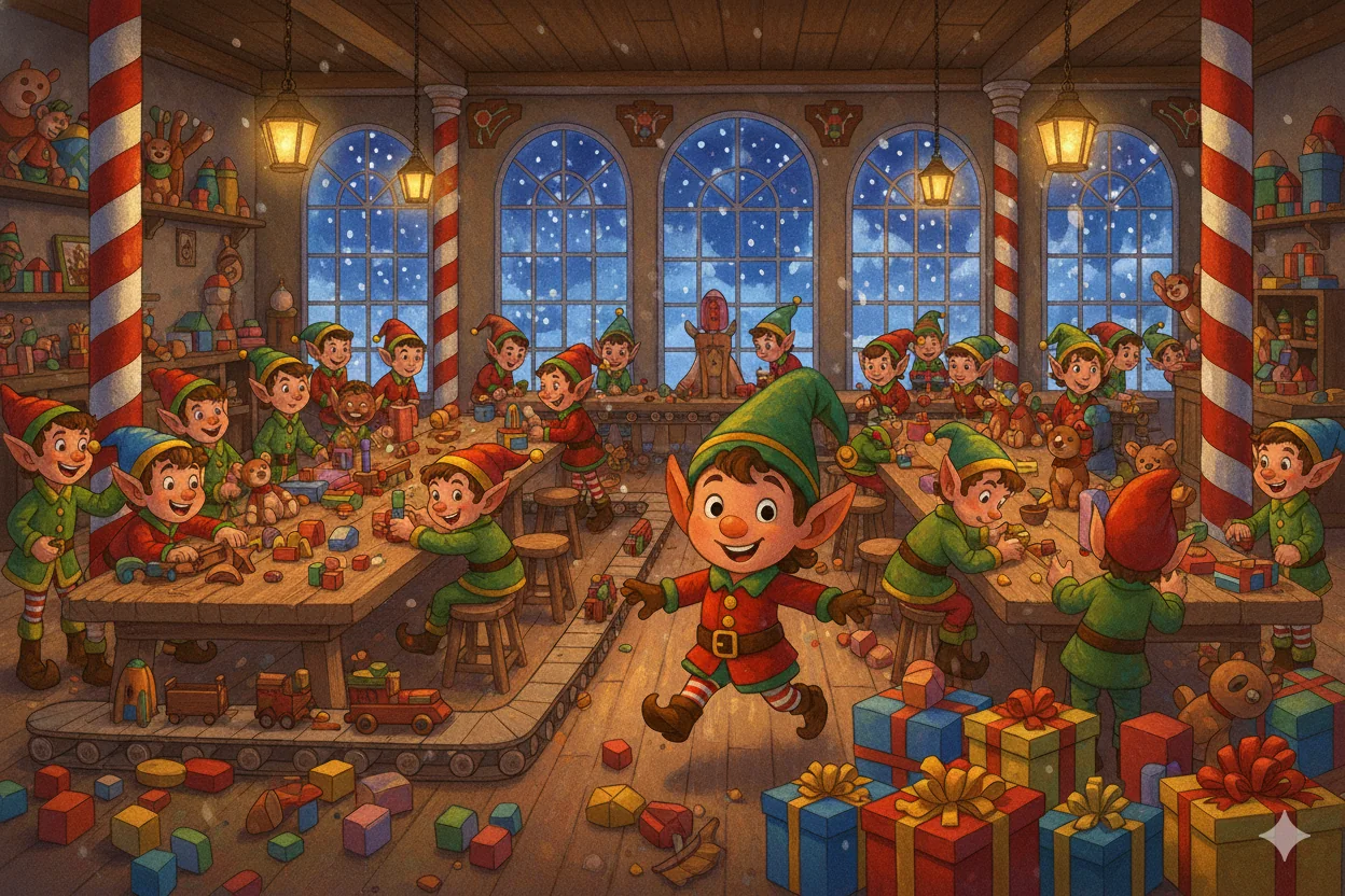 Elves make toys in a bustling Christmas workshop.