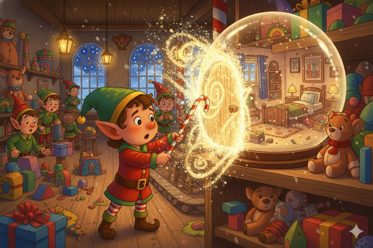 A snowglobe opens a magical doorway into the workshop.