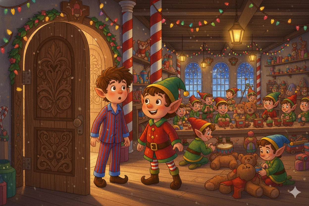 A child discovers tables of toys and cheerful elves.