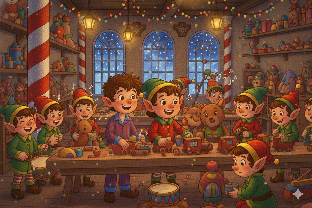 Friends sort toys and sing together at a worktable.