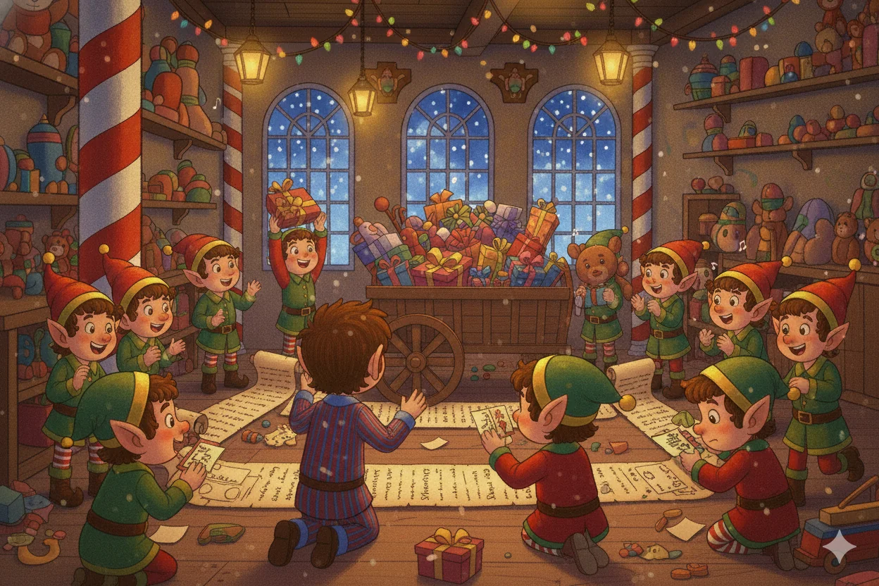 A circle of helpers matches presents with their gift tags.