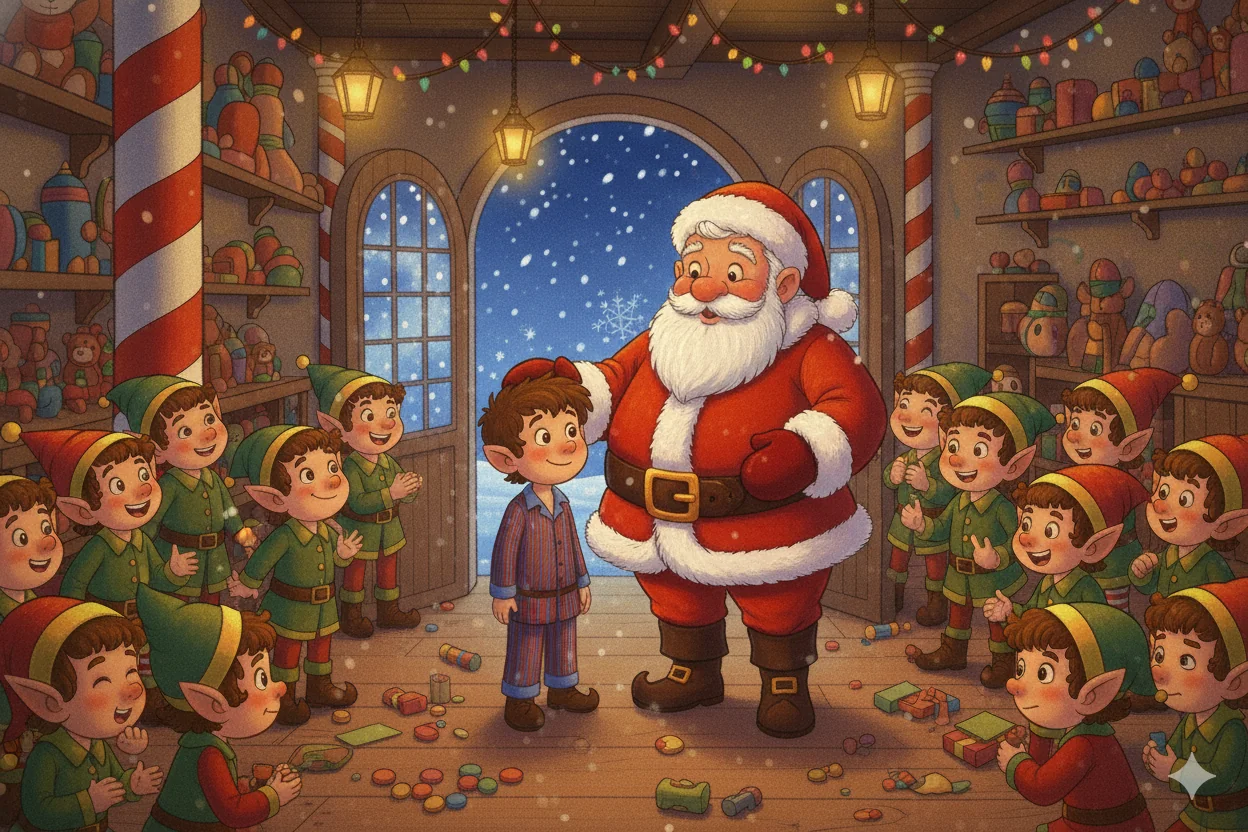 Santa thanks a child and the elves beside the finished gifts.