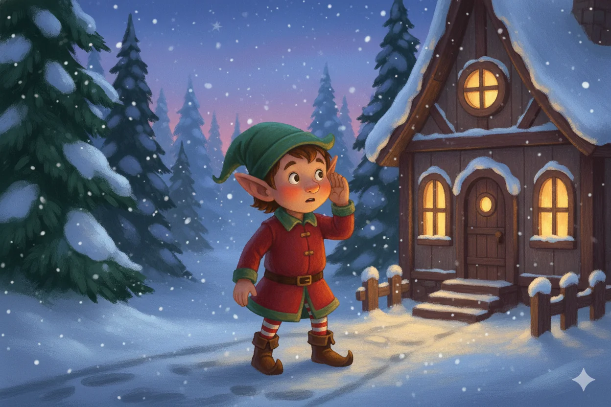 An elf listens at the edge of a snowy fir forest.