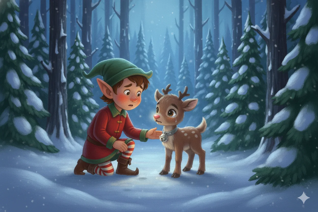 An elf comforts a little reindeer with a silver bell collar.
