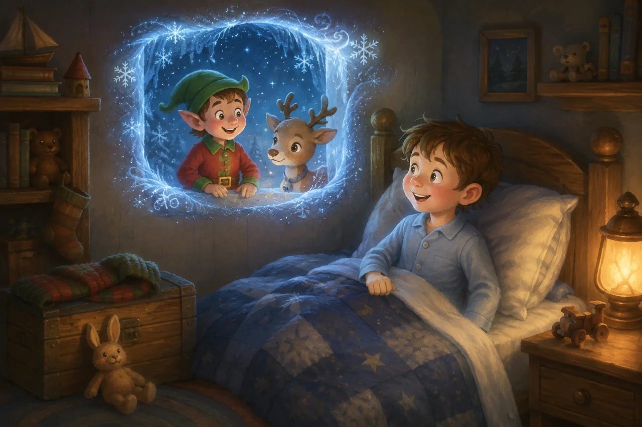 An elf and a little reindeer appear in a magical window above a child’s bed.