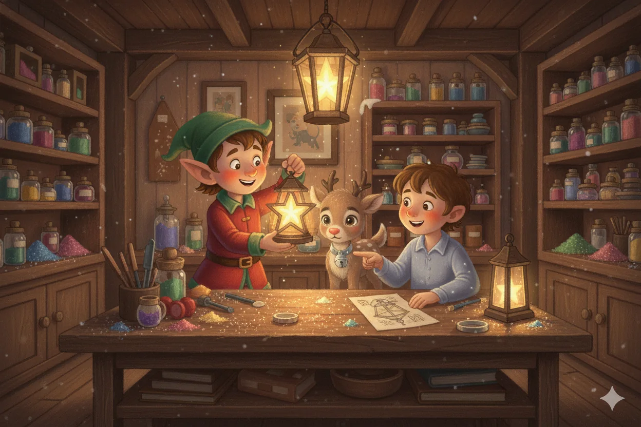 Two friends make star-shaped lanterns while a little reindeer watches.