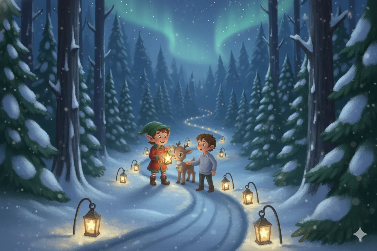 A trail of warm lanterns winds through a snowy pine forest.
