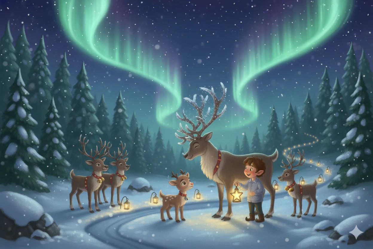 A little reindeer reunites with its family under the northern lights.