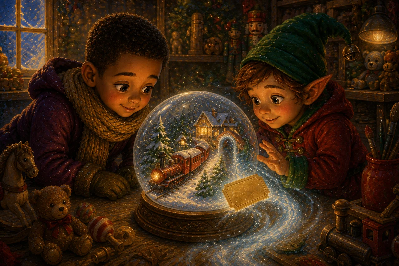 An elf and child discover a miniature red train in a magical snowglobe as golden tickets float into the workshop.