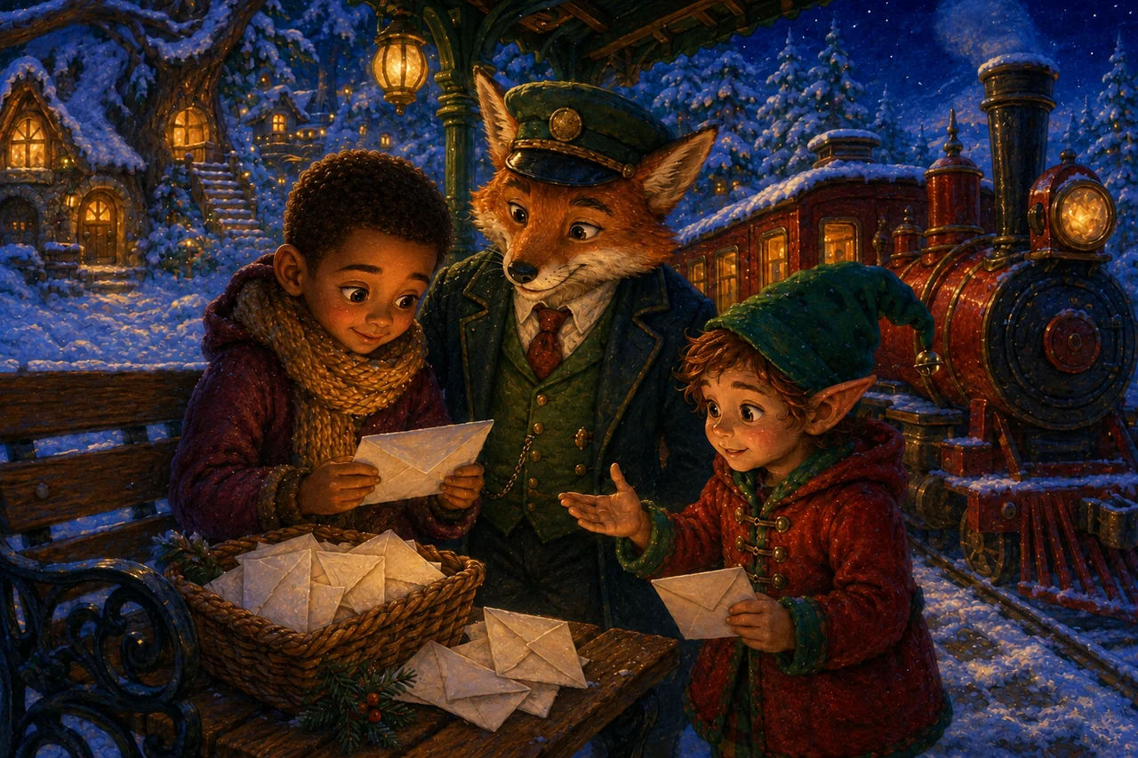 The friends meet a fox conductor at an empty snowy station and find undelivered invitations beneath a bench.