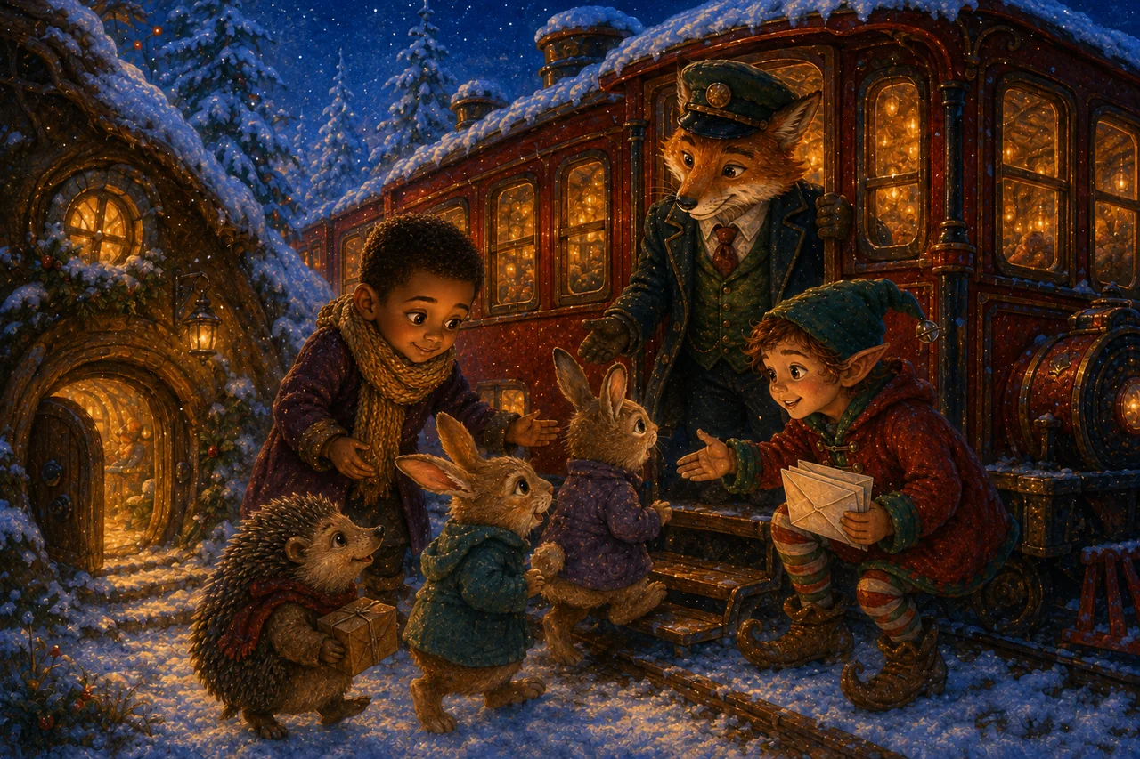 The child and elf warmly invite rabbit siblings and a hedgehog with a parcel to join the waiting train.