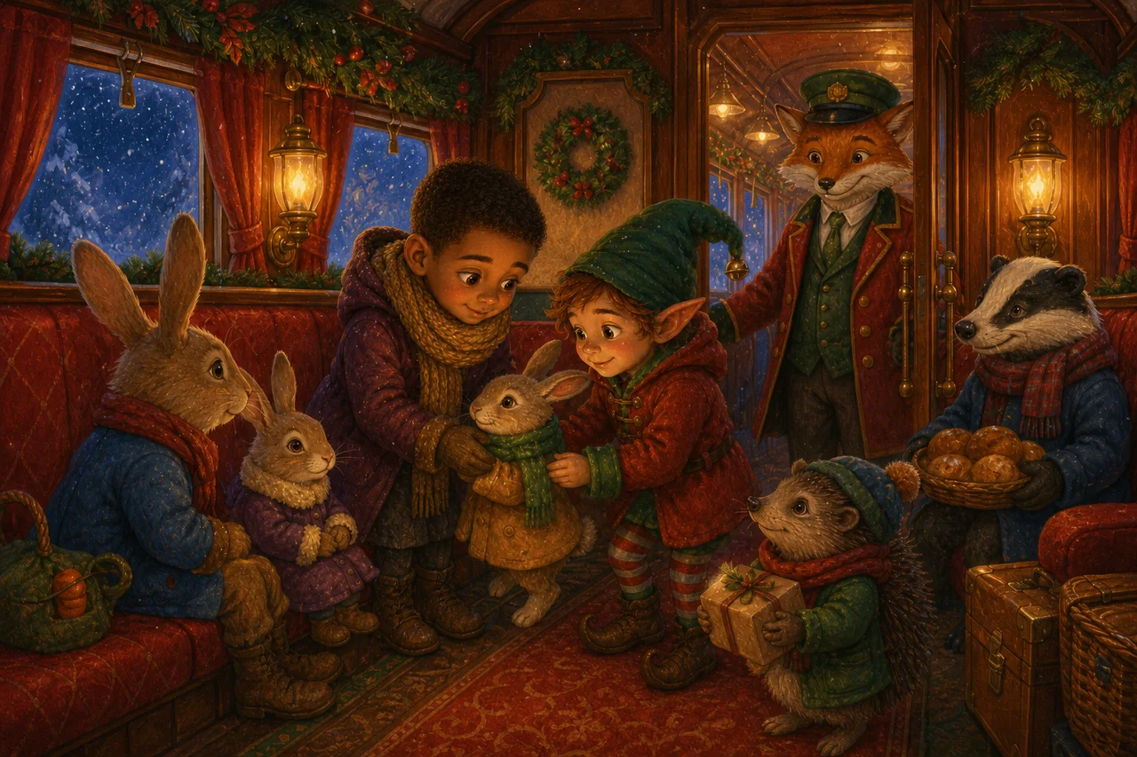 Inside a warmly lit train carriage, the friends clear a seat so a badger carrying a basket of buns can join.