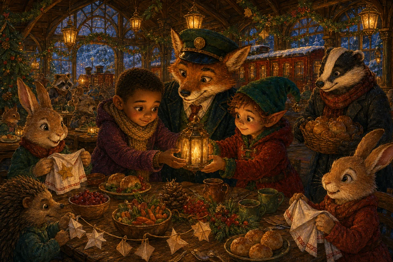 Woodland families, the child, and the elf share a joyful winter supper in a railway station hung with evergreen garlands.
