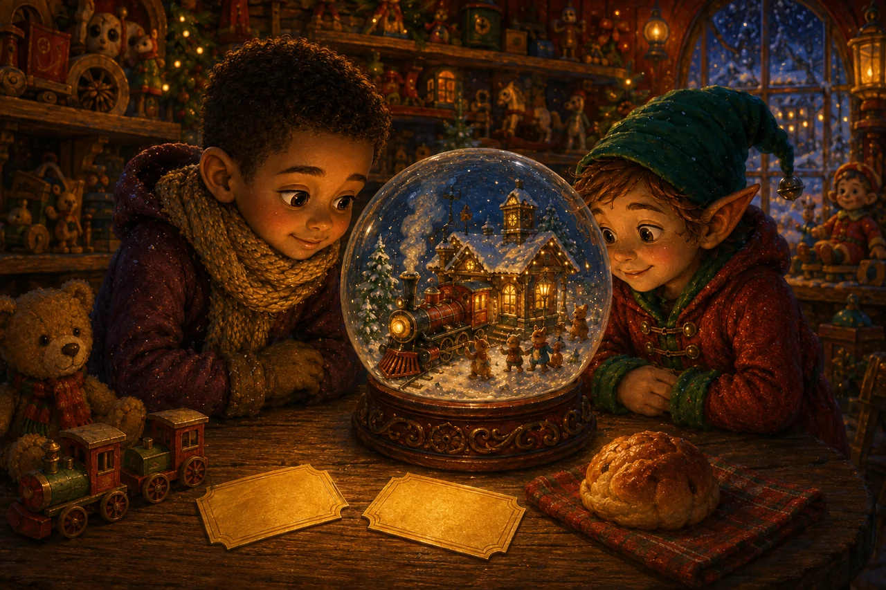 Back in the cozy workshop, the elf and child place two golden tickets beside the snowglobe's glowing train and station.