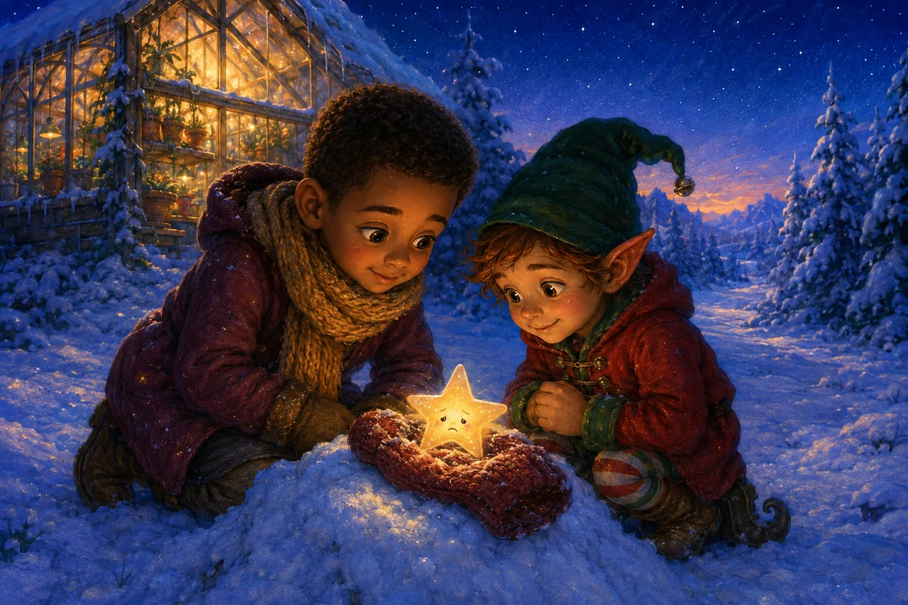An elf and a child discover a faintly glowing star in a mitten beside a snowy greenhouse.