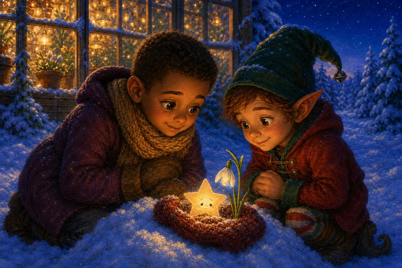 The little star gently lights a snowdrop while its two friends watch beside the greenhouse window.