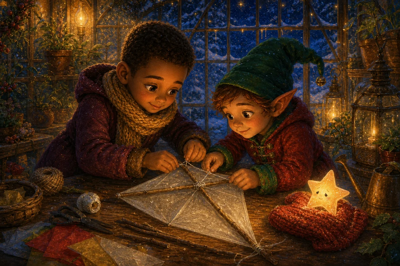 The elf and child build a paper kite with twigs, silver thread, and a cozy pocket for the star.