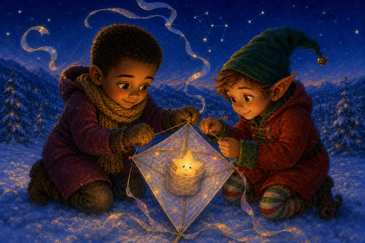 The friends safely launch their star-carrying kite from a low snowy hill into a gentle breeze.