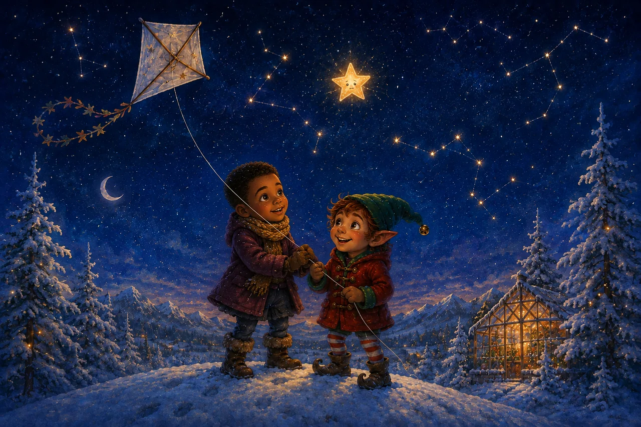 A small amber star finds its welcoming place between blue and silver stars in the night sky.