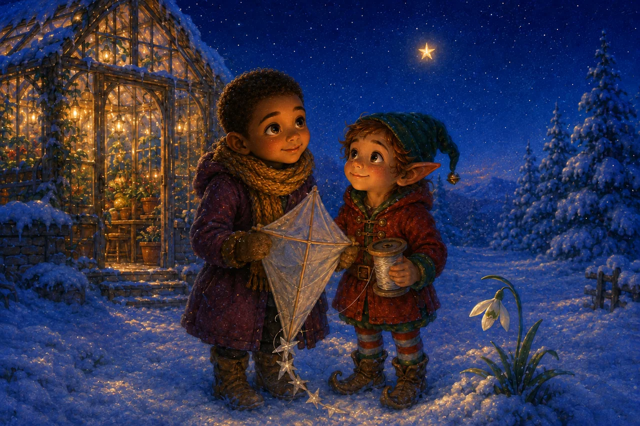 The elf and child hold their empty kite beneath the little star, now shining confidently above the greenhouse.