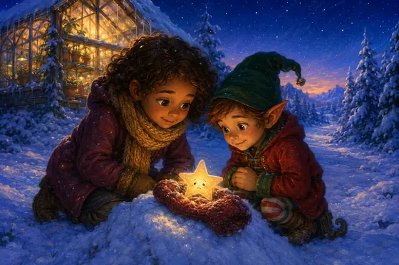 An elf and child discover a little fallen star beside a warmly lit greenhouse.