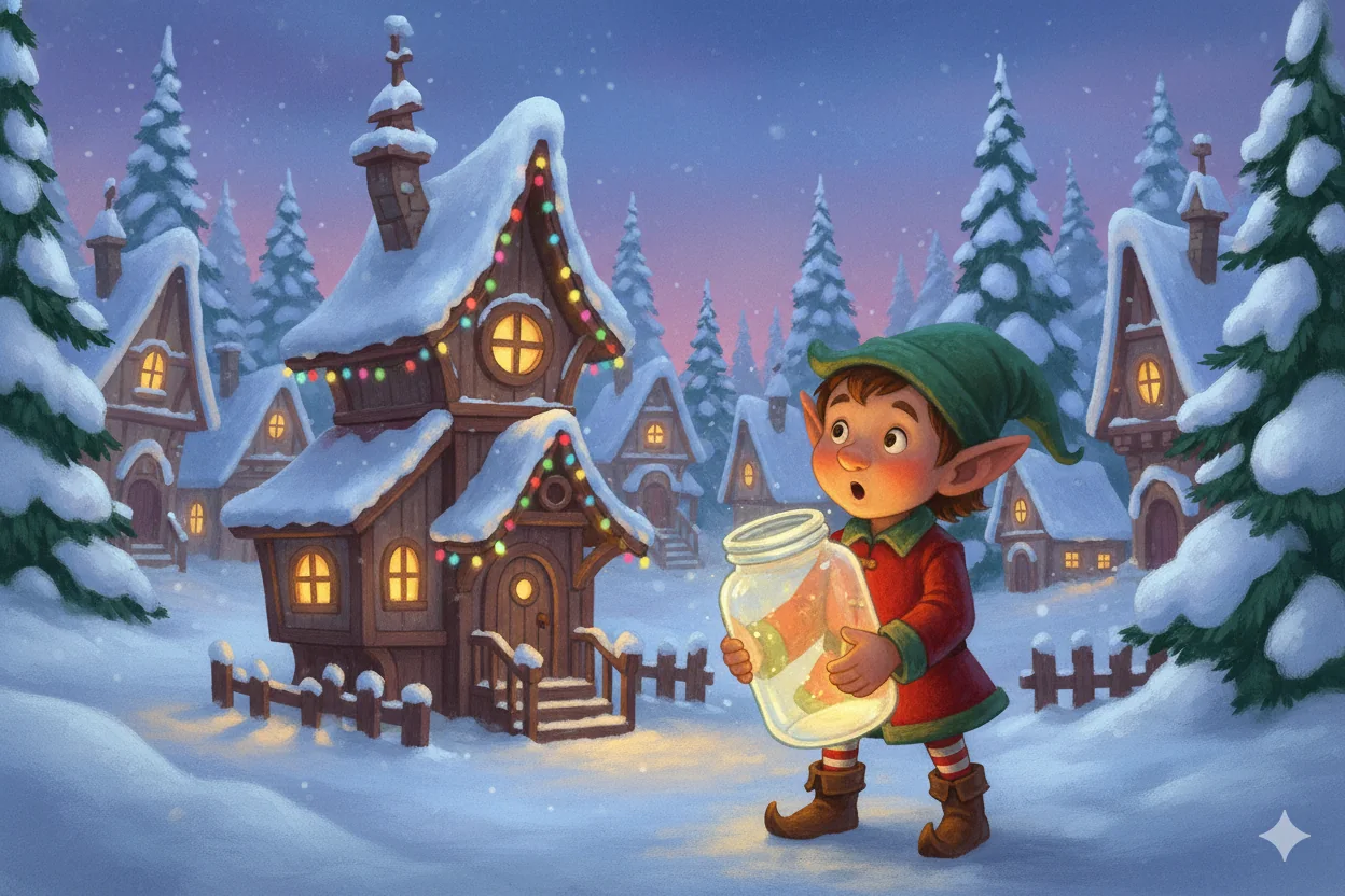 A cozy, snowy village surrounds a tall workshop lit with golden windows.