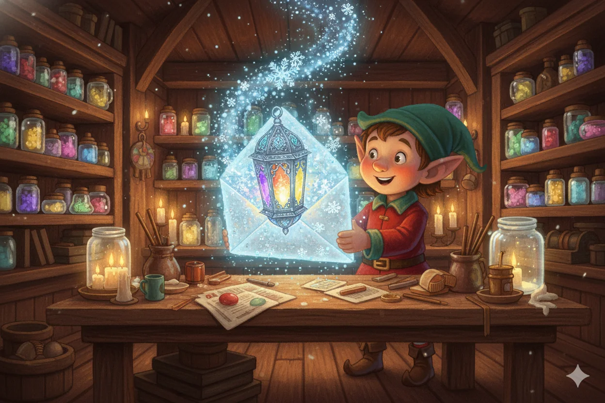 An elf reads a glowing snowflake letter above a worktable.