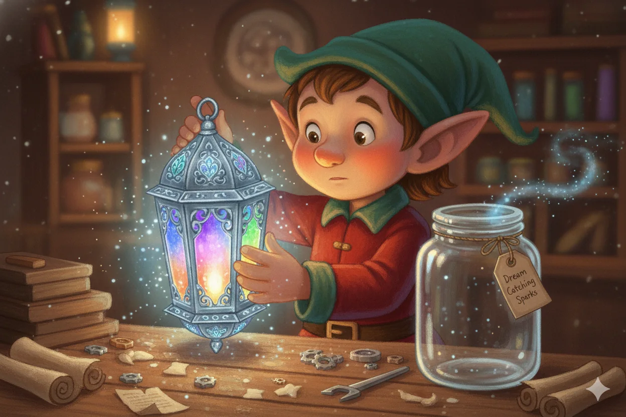 An elf builds a rainbow-glass lantern beside an empty jar.
