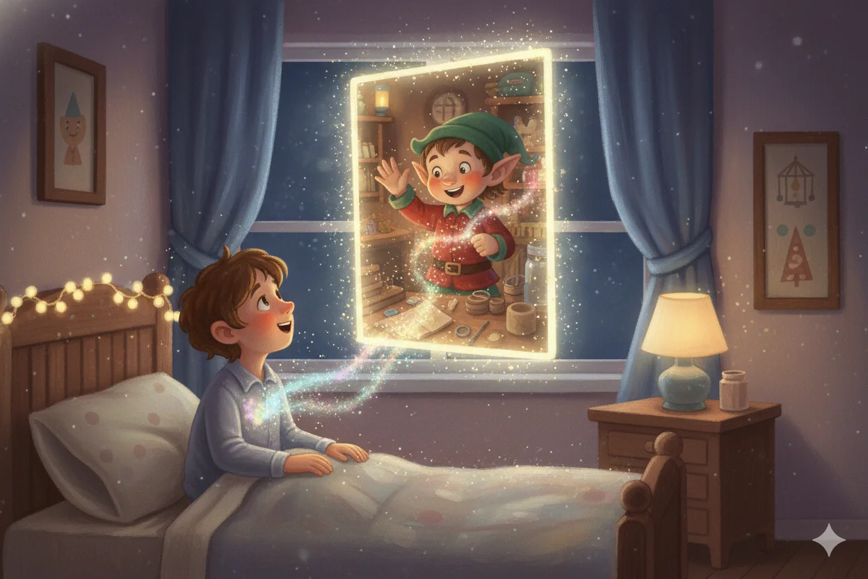A child shares a happy dream through a glowing window to the workshop.