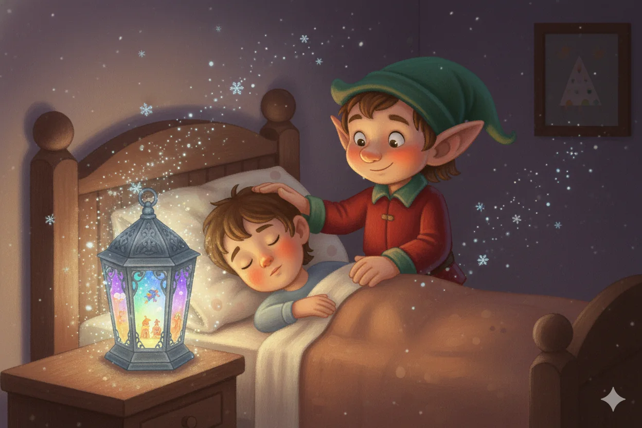 A dream-light lantern shines softly beside a sleeping child.